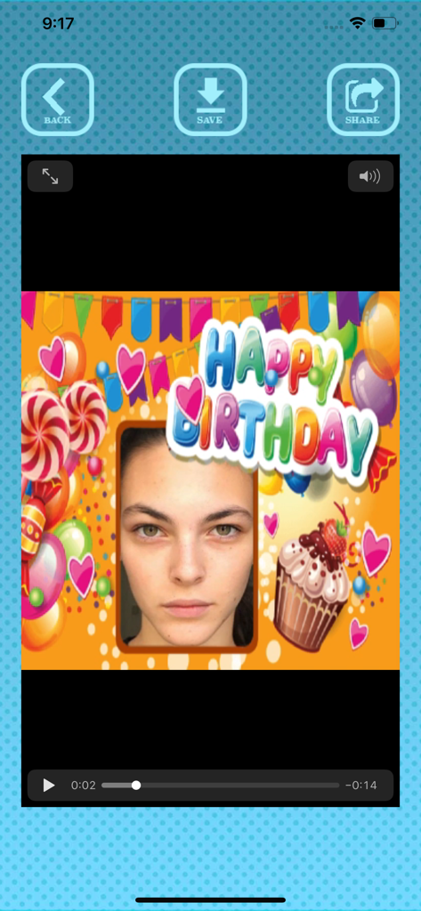 Birthday videos maker - Interfaz de la aplicación para crear un video de cumpleaños personalizado con marcos festivos