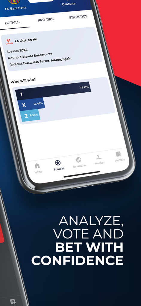 TejTips app interface showing football match details and a user voting poll for win probability