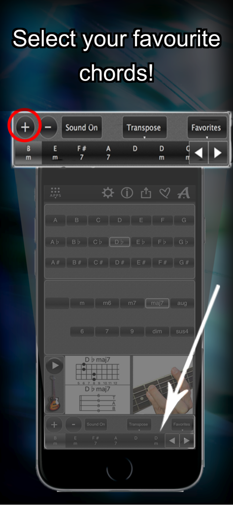 120 Bass Chords - Interfaz que muestra cómo seleccionar y guardar acordes de bajo eléctrico favoritos en la aplicación.