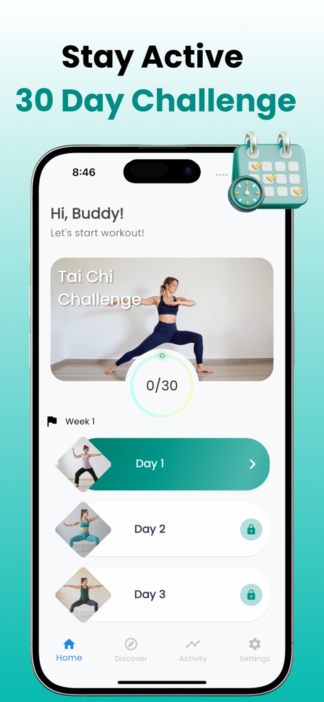 Tai Chi Walking : GentleFit - Tai Chi Walking app interface showing a 30-day fitness challenge for seniors