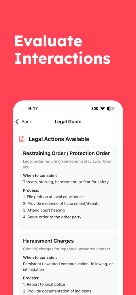 RedFlagAI - RedFlagAIアプリのスクリーンショット。保護命令とハラスメント請求に関する法的ガイドが表示されています。