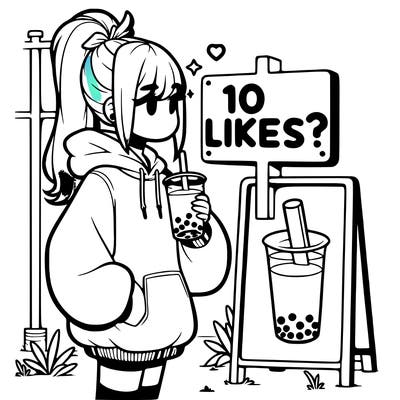 girl with oversized hoodie drinking boba and she has a high ponytail with a sign that says 10likes?