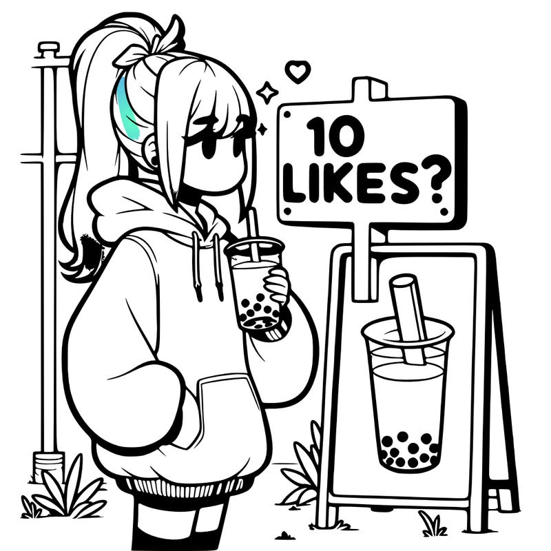girl with oversized hoodie drinking boba and she has a high ponytail with a sign that says 10likes?