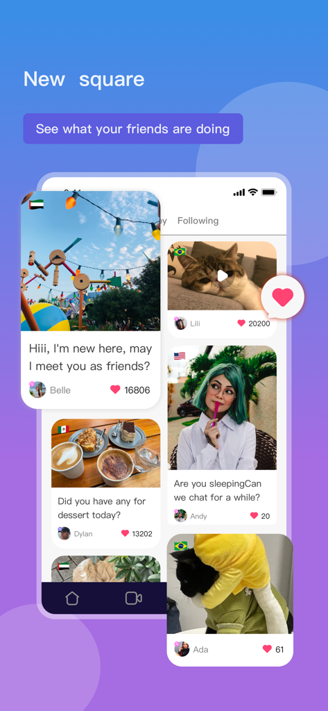WOMO app interface showing a social discovery feed with user posts and photos in the New Square section