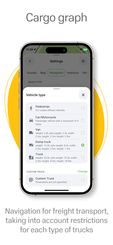 Navitel Navigator app displaying cargo graph vehicle type selection for professional truck navigation