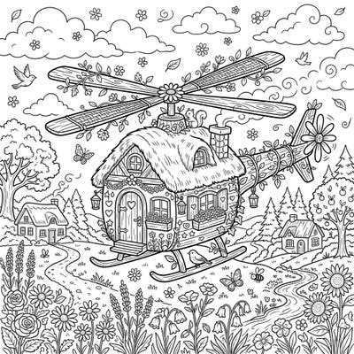Embark on a delightful artistic journey with this unique coloring page featuring a charming cottagecore house integrated into a whimsical helicopter. This design perfectly blends rustic charm with an imaginative flying machine, set against a serene pastoral backdrop.