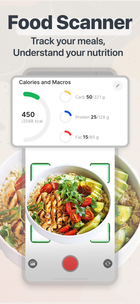 Fastingo: Intermittent Fasting - Interfaz de la app Fastingo que muestra una función de escáner de alimentos rastreando calorías y macros para un tazón de comida saludable.