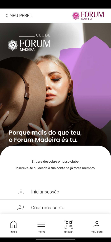 Forum Madeira - Écran de connexion et de création de compte pour l'application du centre commercial Forum Madeira, mettant en vedette une femme élégante.