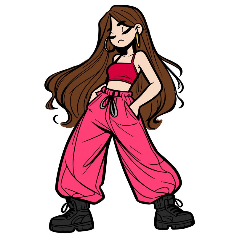 girl in baggy pants crop top and long hair
