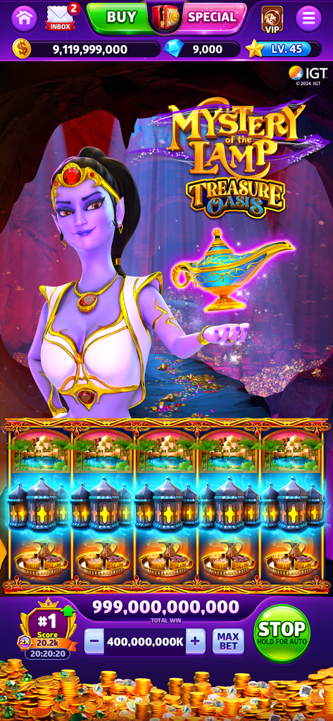 Cash Rally - Slots Casino Game - Cash Rally Slots Casino Game featuring Mystery of the Lamp Treasure Oasis slot machine with a genie character and golden lamp.