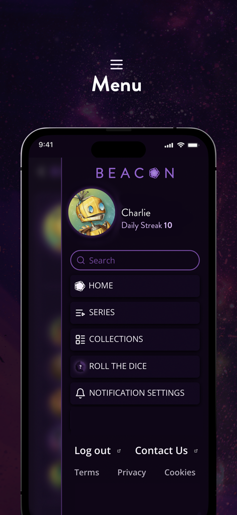 Il menu di navigazione dell'app Pocket Beacon che mostra le impostazioni dell'utente e le categorie di contenuti.