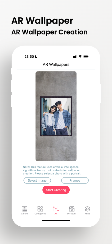 Wallpapers HD : Albums - The AR wallpaper creation interface on an iPhone displaying a portrait photo in a frame.