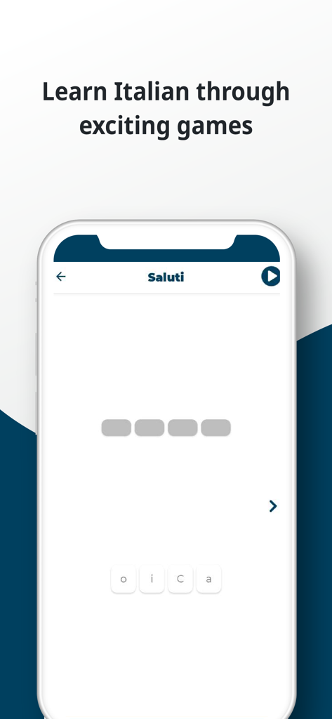Smartphone screen showing an Italian word puzzle game with the text Learn Italian through exciting games.