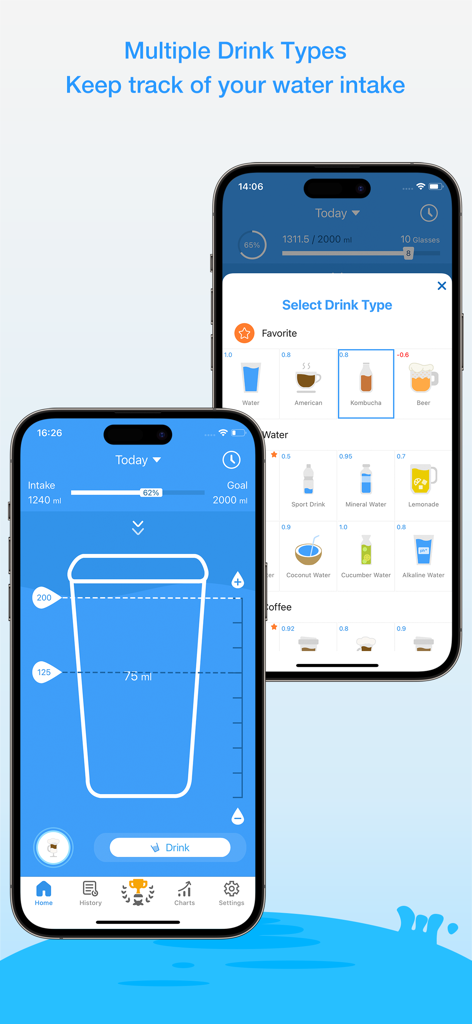 Daily Water Pro - Daily Water Pro app interface showing daily water intake progress and a menu for selecting various drink types like water coffee and kombucha