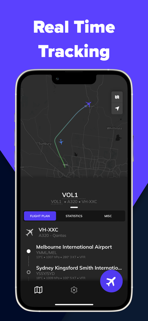 Ein mobiler Screenshot der Volanta-App, der eine Echtzeit-Flugverfolgungskarte mit einem Flugplan von Melbourne nach Sydney anzeigt.