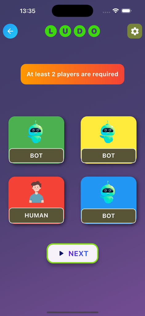 Ludo Offline Board Game - Pantalla de selección de jugadores para el juego de mesa Ludo con opciones humanas y de bot