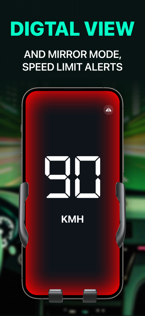 A smartphone in a car mount displaying a digital speedometer at 90 KMH with a red speed limit warning background.