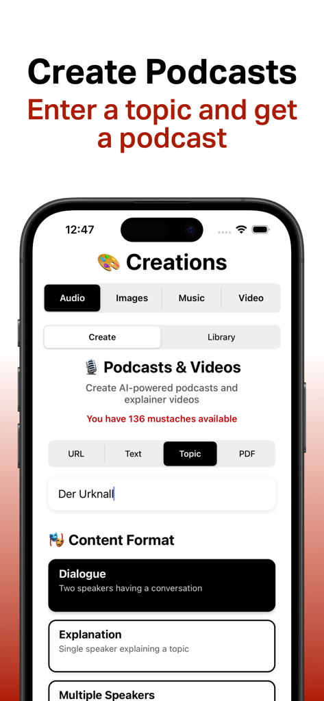 Interface pour créer des podcasts IA dans l'application JAMES en saisissant un sujet