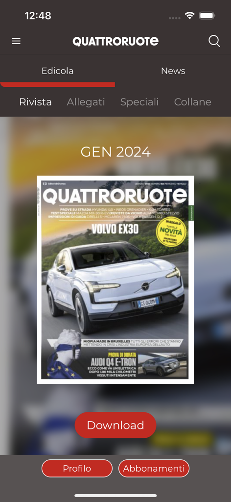 The Quattroruote mobile app digital newsstand interface showing the January 2024 magazine cover featuring a white Volvo EX30.