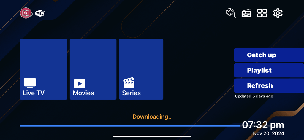 Drama IPTV Player - Main interface of Drama IPTV Player with Live TV, Movies, and Series options.