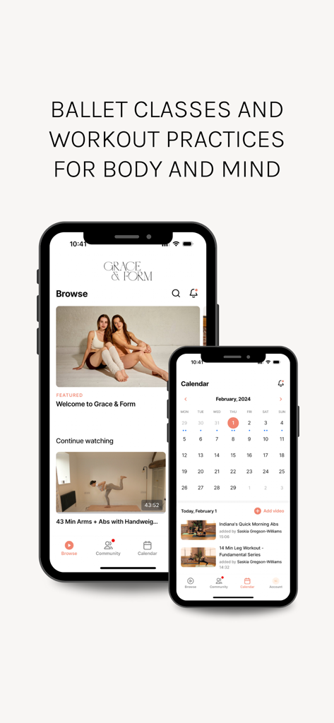 Grace and Form Mobile App-Benutzeroberfläche, die Ballett-Workout-Kurse und einen Trainingskalender zeigt