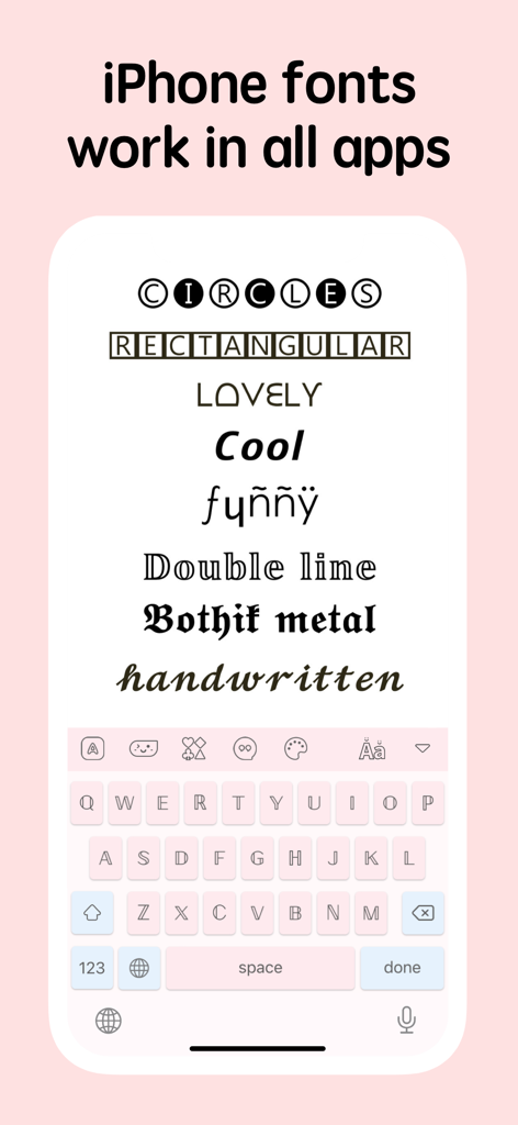 Die App "Schriftarten für iPhones" zeigt verschiedene Textstile und eine pinke benutzerdefinierte Tastatur.