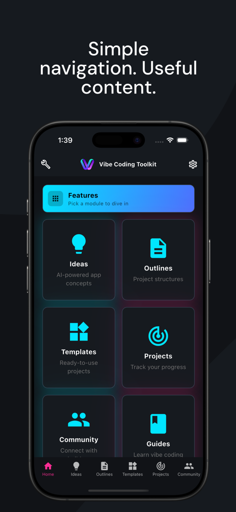 Vibe Coding Toolkit - Tela inicial do aplicativo Vibe Coding Toolkit com módulos de navegação.