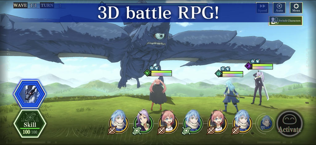 SLIME - ISEKAI Memories - Jugabilidad de RPG de batalla 3D en SLIME ISEKAI Memories con personajes de anime luchando contra un monstruo gigante