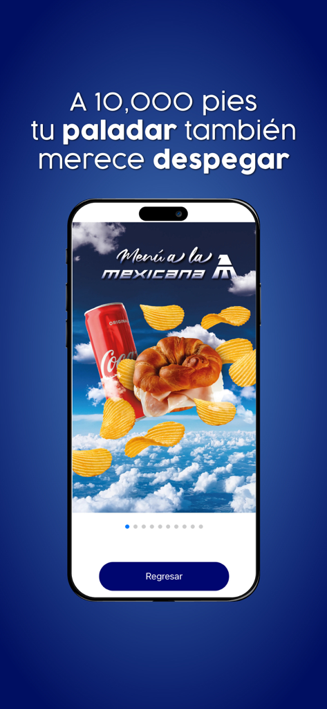 Mexicana - Mexicana airline mobile app showing inflight food and drink options like a croissant sandwich and snacks