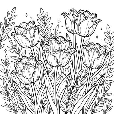 Celebrate the arrival of spring with this beautiful Fringed Tulips coloring page. Its intricate ruffled petals and lush foliage offer a wonderfully engaging and creative coloring experience for all ages.