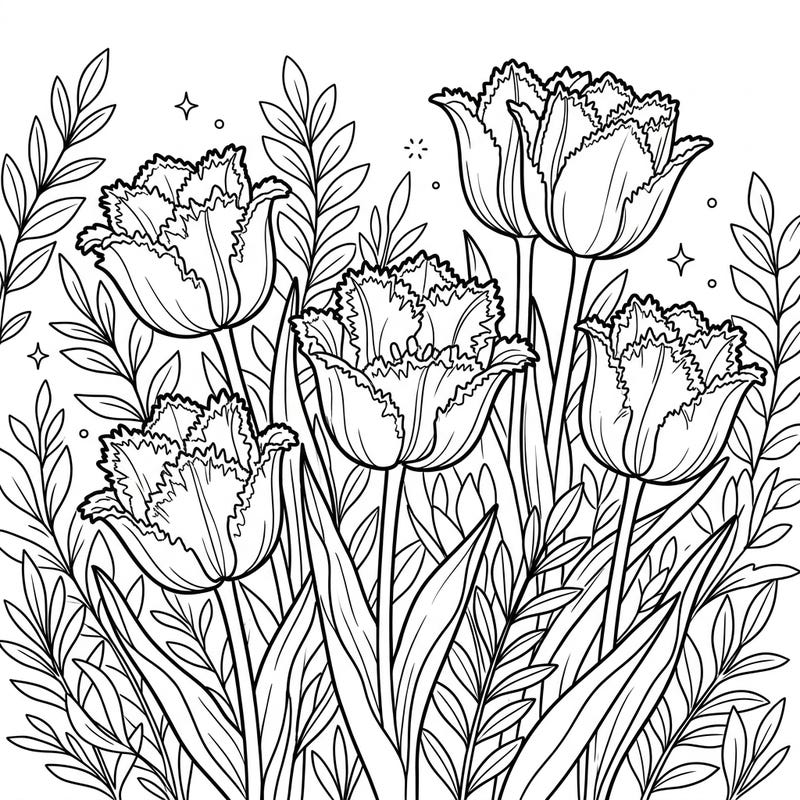Celebrate the arrival of spring with this beautiful Fringed Tulips coloring page. Its intricate ruffled petals and lush foliage offer a wonderfully engaging and creative coloring experience for all ages.