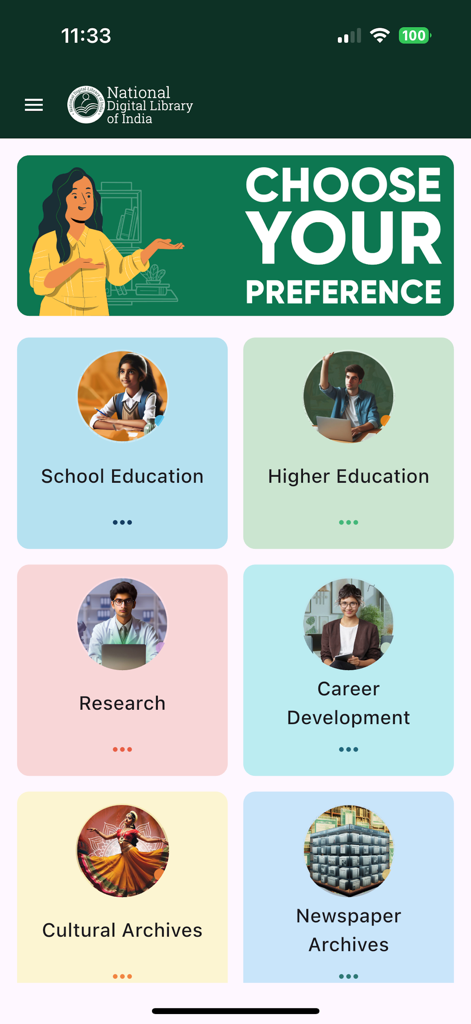 National Digital Library India - Benutzeroberfläche der National Digital Library of India App mit Bildungs- und Archivkategorien wie Schulbildung, Hochschulbildung, Forschung und kulturelle Archive.