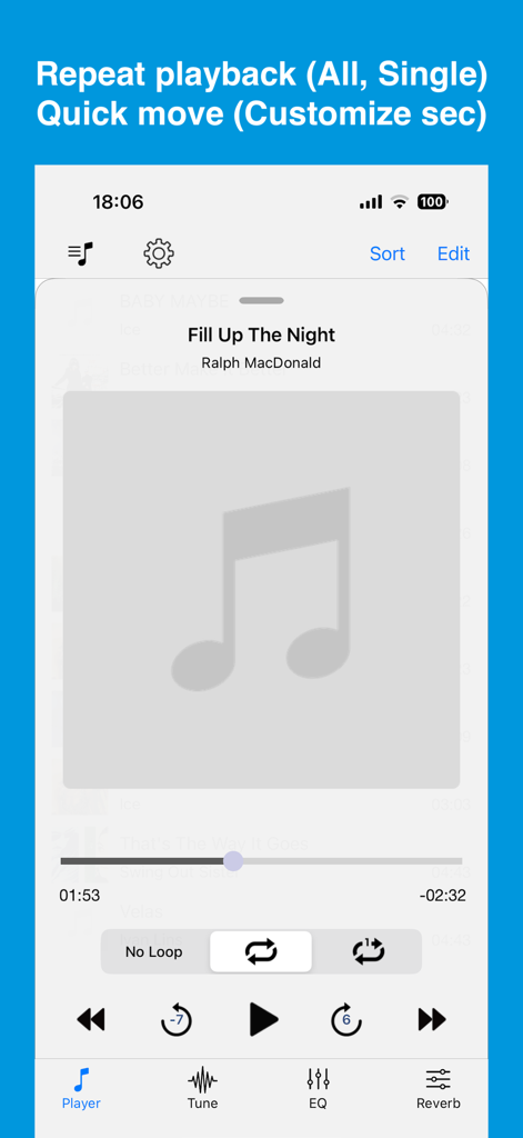 Nu-Music Player - Interfaz de Nu-Music Player que muestra opciones de reproducción repetida y botones personalizables de salto rápido para la práctica musical