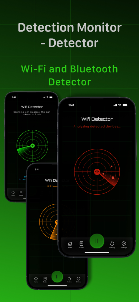 Detection Monitor app interface showing WiFi and Bluetooth radar scanning screens on three iPhones