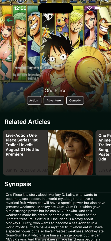 Anilyme © - Anilyme app interface displaying One Piece character biography and related news