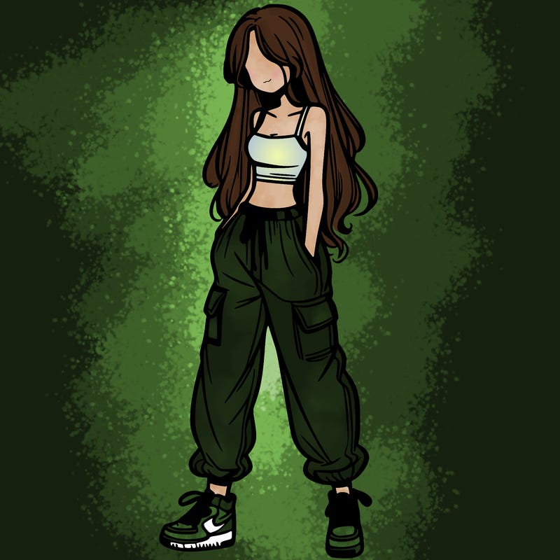 girl in baggy pants crop top and long hair