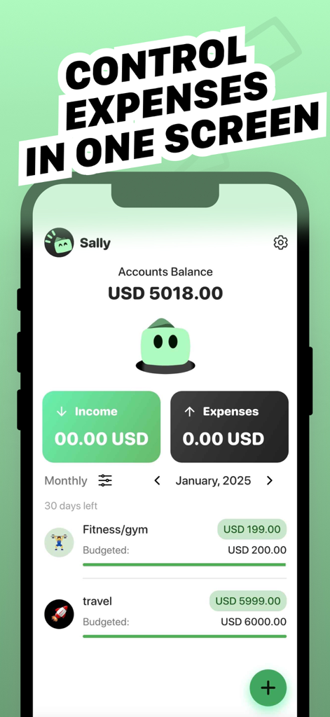 Wally: Debt Tracker Budget - Panel de la aplicación Wally que muestra el saldo de la cuenta y el seguimiento de gastos mensuales
