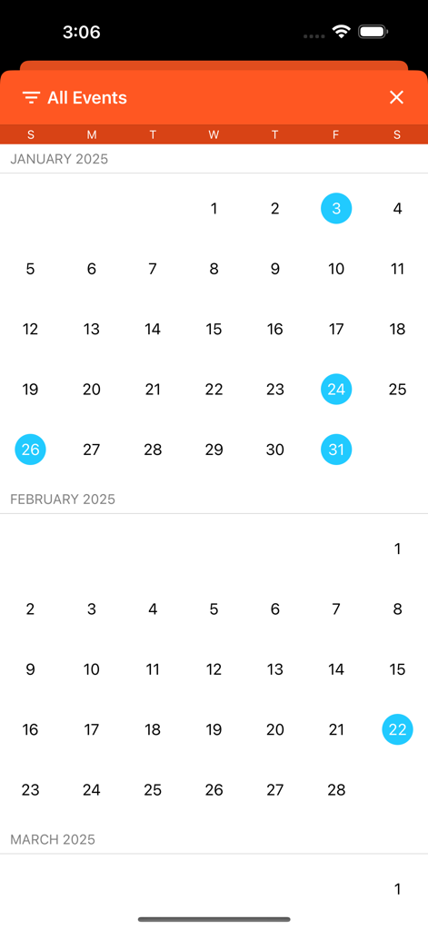 Birthday Boss - Vista de calendario mensual en la aplicación Birthday Boss con fechas resaltadas para los próximos eventos.