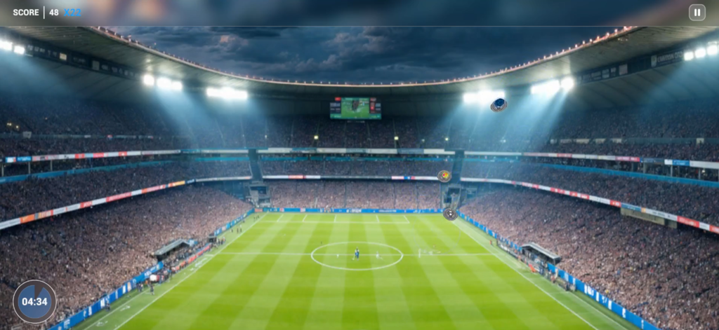 Brain Balance Cognitive App - Gioco di allenamento dell'elaborazione visiva e dell'attenzione nell'App Brain Balance con uno sfondo di stadio di calcio.