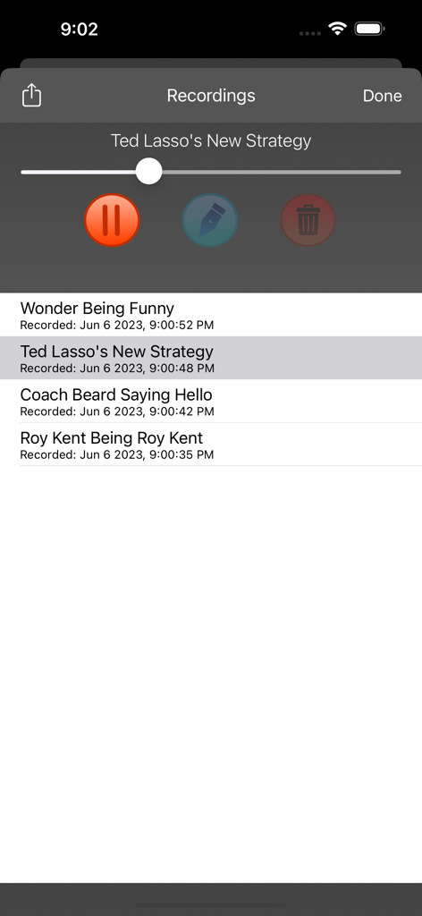 Speech Jammer app screen displaying a list of recorded voice sessions with playback and editing controls