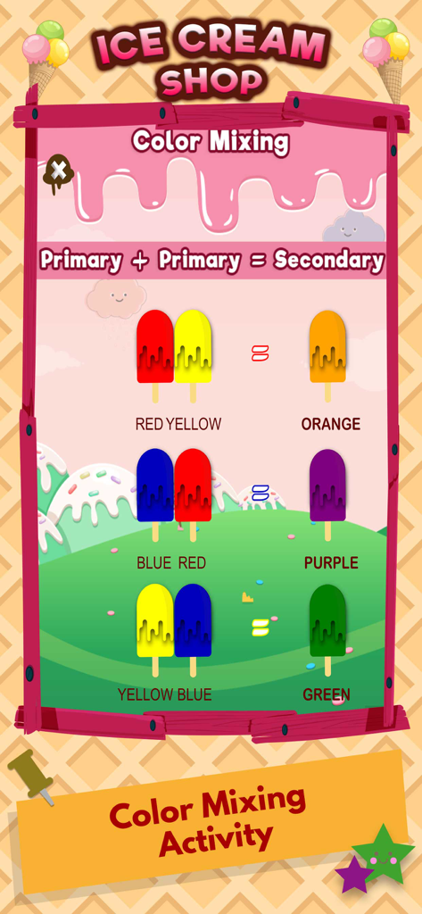 Learning Colors Games For Kids - Educational screen showing how primary colors mix to create secondary colors using ice cream popsicles