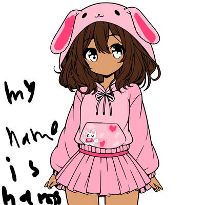 pretty anime girl wearing a fluffy hoodie with bunny ears on the hood and a skirt