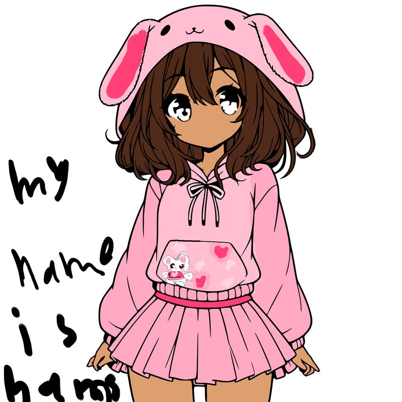 pretty anime girl wearing a fluffy hoodie with bunny ears on the hood and a skirt