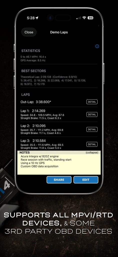 TrackAddict Pro - TrackAddict Pro app interface showing racing lap times and performance statistics
