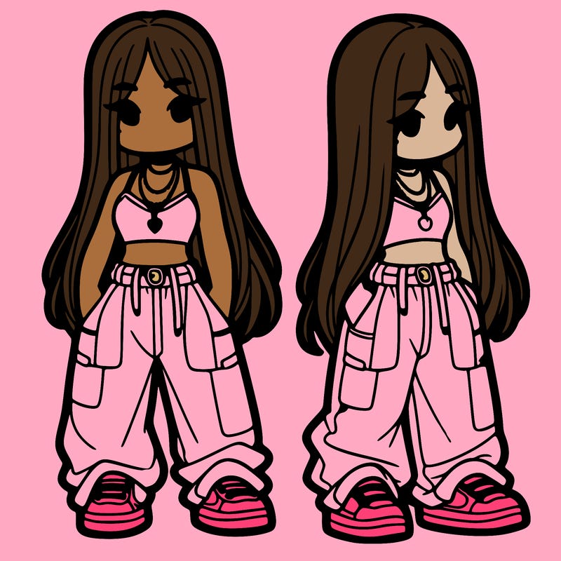 girl in baggy pants crop top and long hair