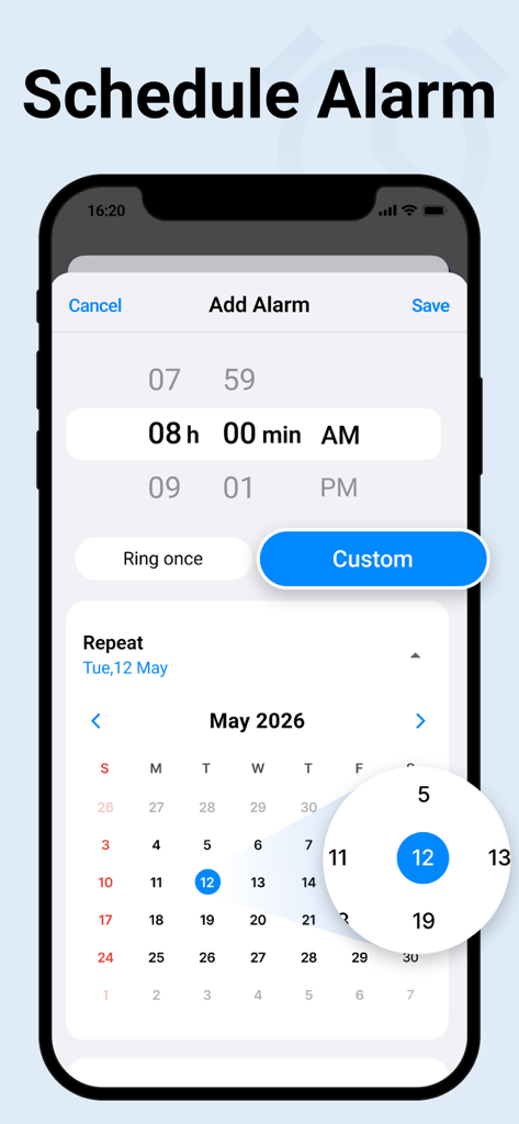Clock - Wake Up Gently - iPhone-Bildschirm, der die Benutzeroberfläche zur Planung eines benutzerdefinierten Weckers mit einer Kalenderdatumsauswahl zeigt.