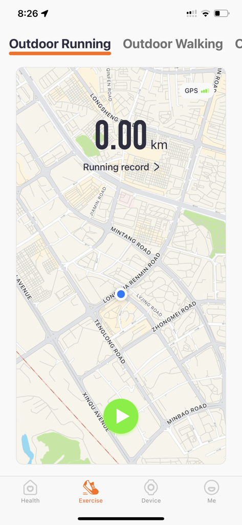 QWatch Pro - QWatch Pro app interface showing outdoor running GPS tracking with a map and start button