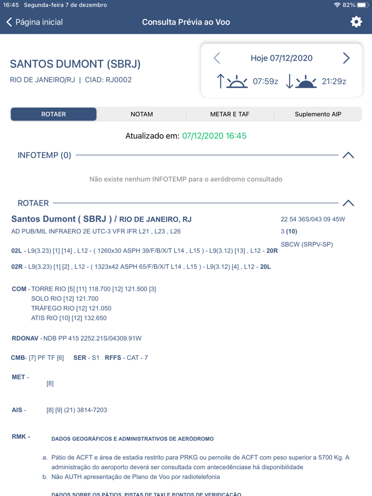 サントス・デュモン空港の事前飛行相談と航空情報が表示されている電子フライトバッグアプリ