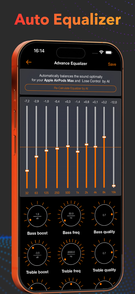 Musi EQ Player - Auto Music EQ - Musi EQ Player advanced AI equalizer interface with manual frequency controls