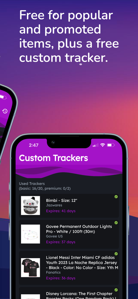 Inventory Bot - 在庫ボットアプリのカスタムトラッカーページを表示するスマートフォン画面。玩具やスポーツジャージなどの監視アイテムのリストがあります。